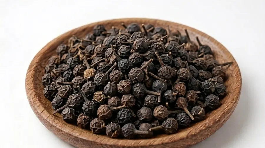 Peppercorns in a wooden bowl